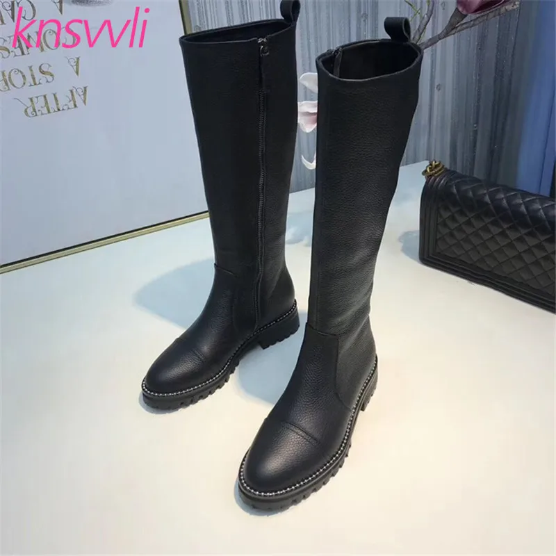 black 2 Knsvvli/Новинка; красивые женские сапоги для верховой езды; сапоги до колена из натуральной кожи; женские высокие сапоги; сезон осень-зима; сапоги с высоким голенищем на плоской подошве - Цвет: black 2