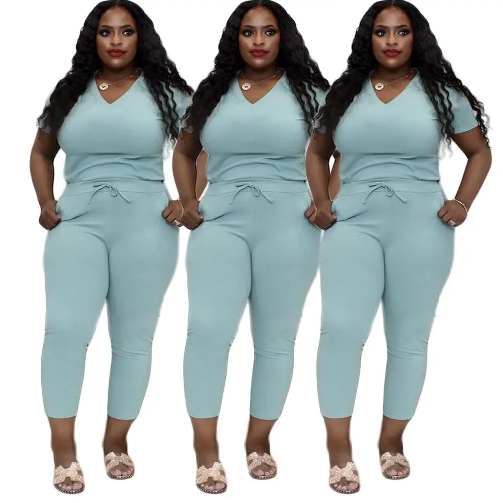 

Oversize Solid Pencil Pants Women Sets Sexy Deep V-Neck Slim Short Sleeve Regular Tees Two Pieces Tracksuits For Sports Party