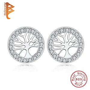 BELAWANG Wholesale Authentic 925 Sterling Silver Family Tree Round Shiny Crystal Earrings For Women Wedding Fashion Jewelry Gift
