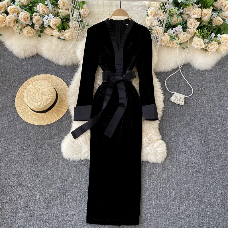 

Lady New Fashion Winter Package Hip Dress 2020 Women's V Collar Retro Velvet Long Sleeve Elegant Clothes Vestidos Q654