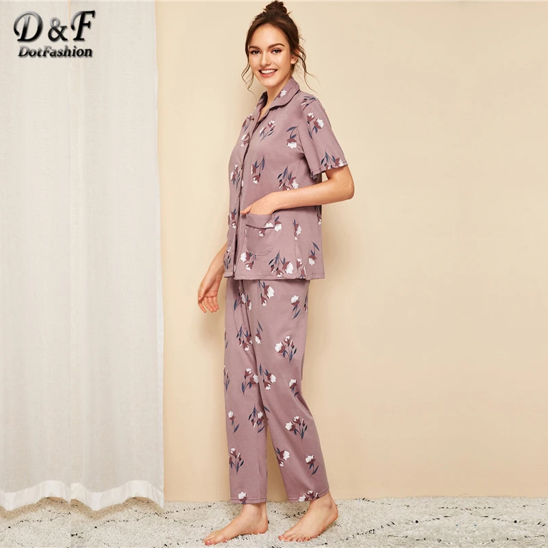 Dotfashion/топ с цветочным принтом и v-образным вырезом на пуговицах и штаны для женщин; коллекция года; осенние пижамные комплекты с карманами; женская повседневная одежда для отдыха