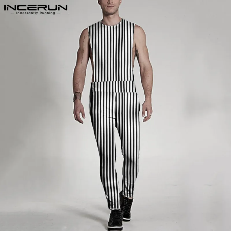 

INCERUN Men Striped Rompers Fashion Sleeveless Round Neck Jumpsuits Fitness Zipper Male Overalls Leisure Pockets Suspenders 5XL