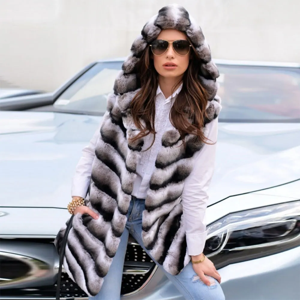 2021 модный пушистый жилет с капюшоном из натурального меха шиншиллы кролика рекс