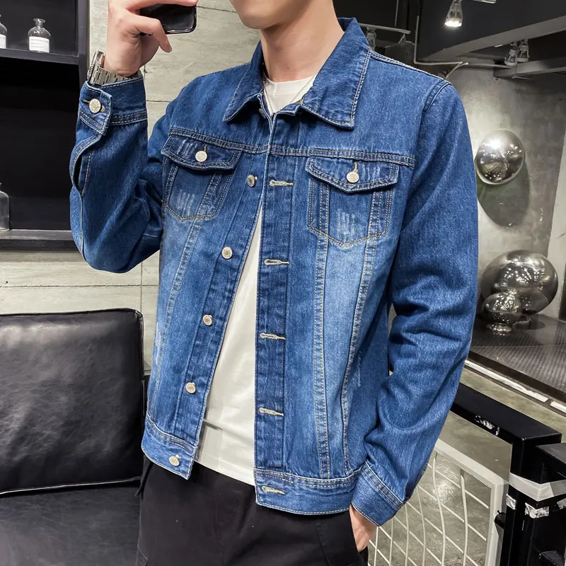

Spring and autumn denim jacket male lapel cowboy male large size solid color casual plus velvet