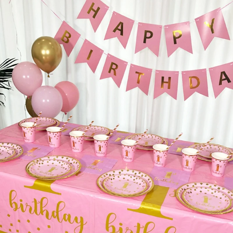 

142Pcs Pink Tableware Supplies Paper Plates Cups Napkins Sets for Birthday Party Decorations Serve 16 Guests