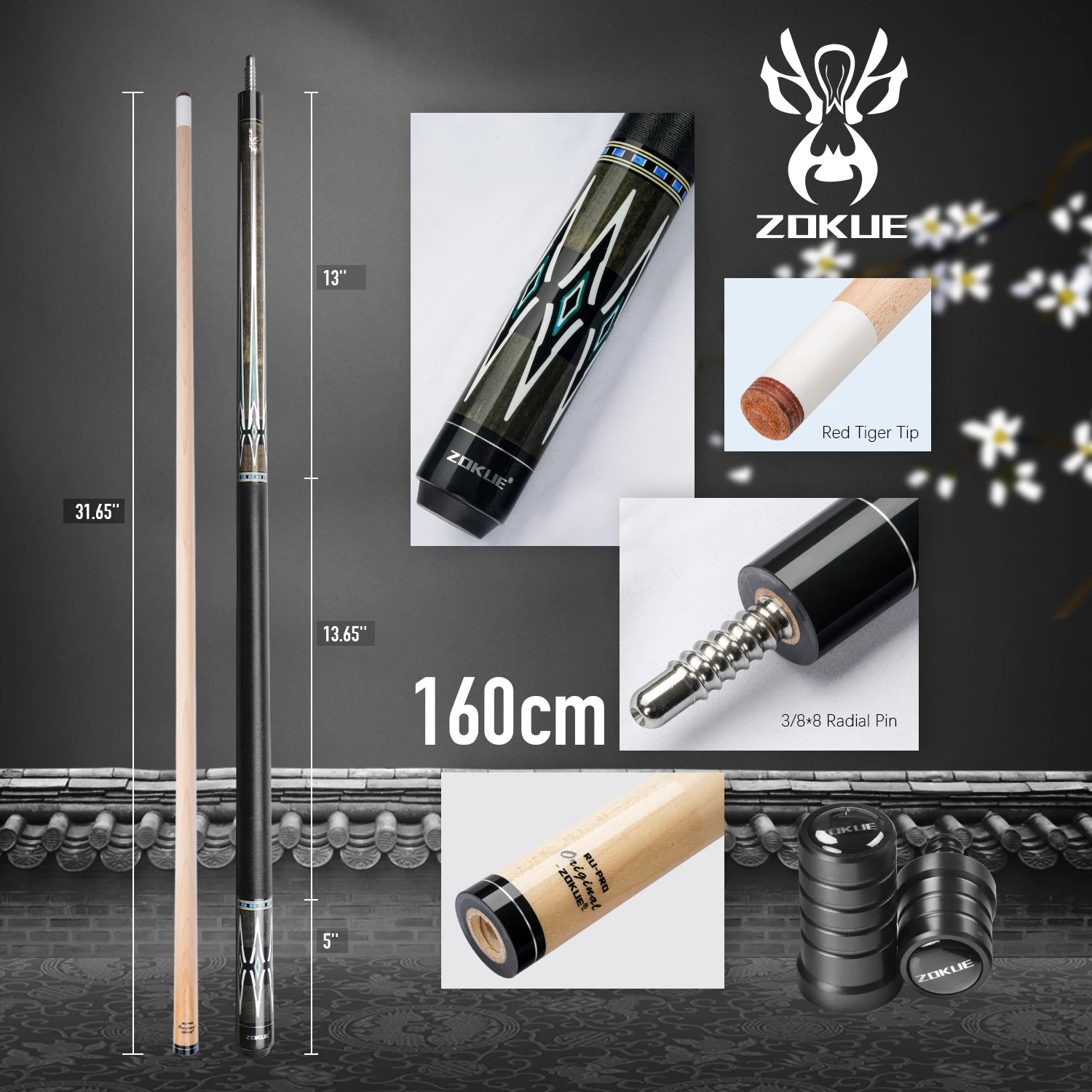 ZOKUE Billiard Cue 3/8*8 Radial Pin Pool Stick Featured Canadian Hard Maple 160cm 12.75mm With bolt For Tall Man | Спорт и