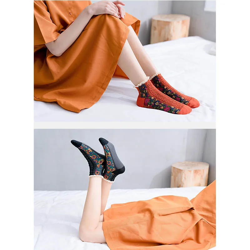 

Woman Socks Retro vintage Style Flower needlework weave Lace Cotton Socks Women Spring Autumn Japanese Harajuku