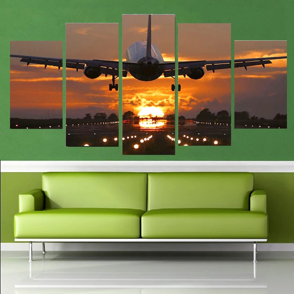 

5 Panel Canvas Art Wall Decor Landscape The Plane is Taking Off Poster Nordic Decoration Home Bedroom Modular Picture