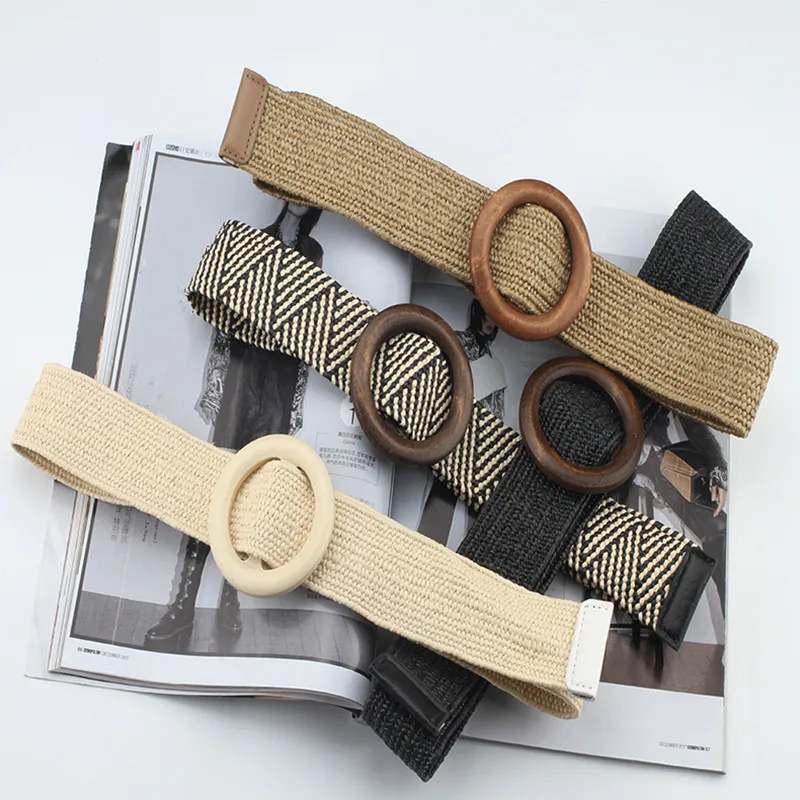 

Hot Sale Vintage Boho Braided Waist Belt Summer Solid Female Belt Round Wooden Smooth Buckle Fake Straw Wide Belts for Women