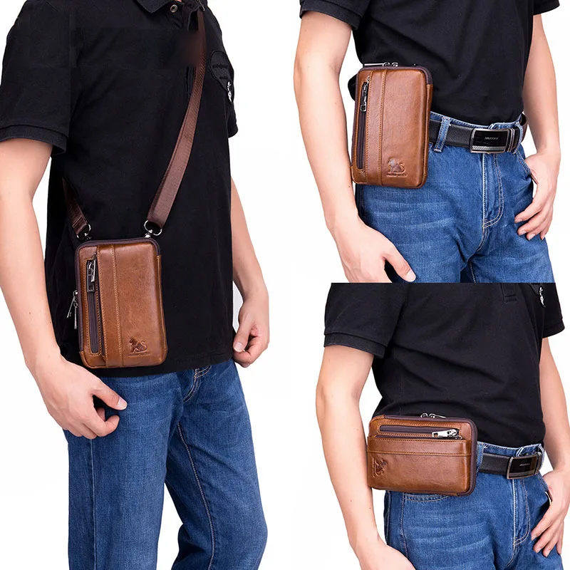 Fashion Men's Waist Pack Genuine Leather Shoulder Messenger Belt Bag Pouch Male Riding Mobile Phone Purse Fanny Pack Gym Beltbag