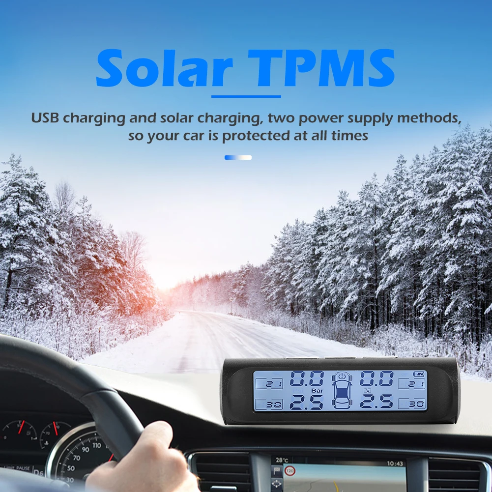 

VODOOL Solar Wireless Car TPMS Black White Screen Auto Tire Tyre Pressure Monitoring Temperature Alarm System with 4 Sensors