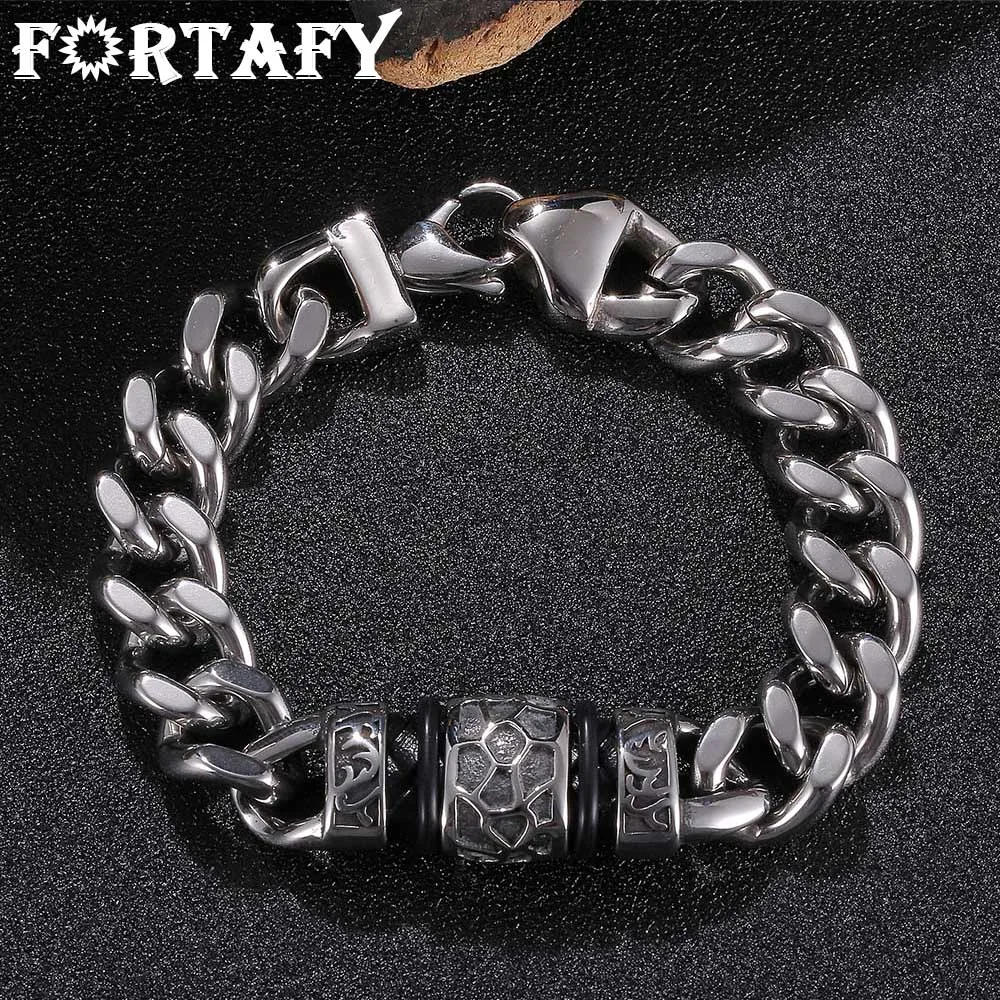 

FORTAFY Men Bracelet 12mm Wide Stainless Steel Curb Cuban Link Chain Braided Leather Bangles Male Hand Jewelry Party FRGS0137