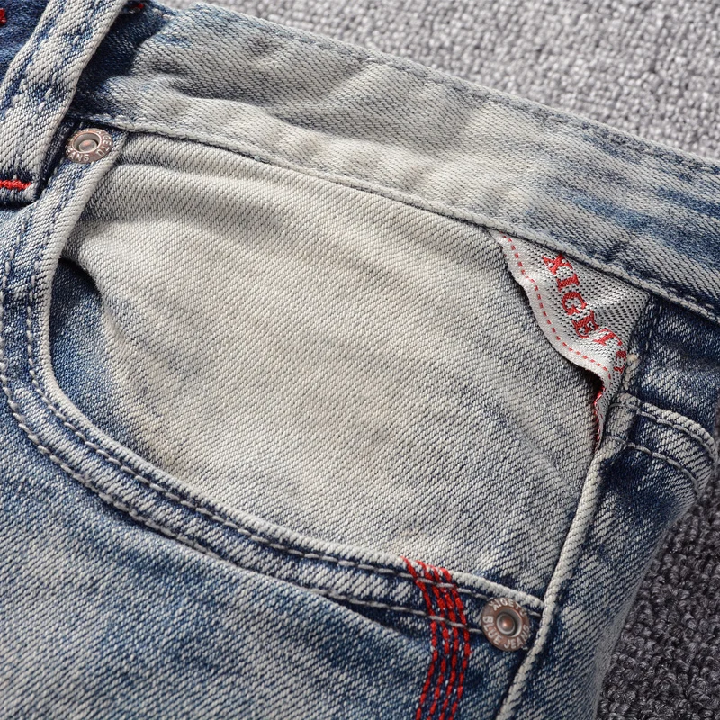 Italian Style Fashion Men Jeans Retro Light Gray Blue Elastic Slim Ripped Jeans Men Patch Vintage Designer Casual Denim Pants