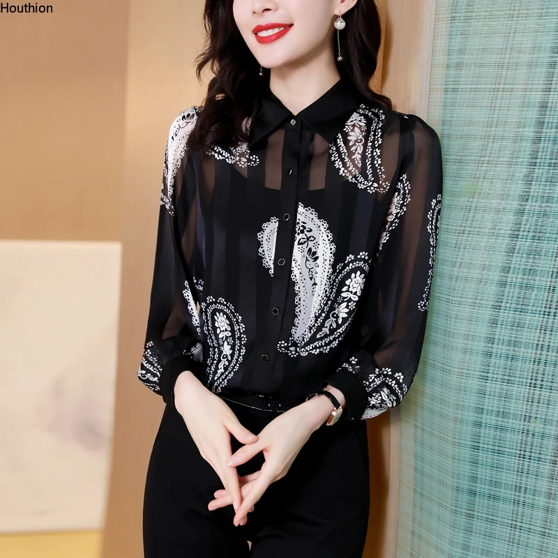 

Houthion Women's Blouse Long Sleeve Top Casual Summer 2021 New Shirt Polo Collar Printing Chiffon Splicing Fashion Blouses