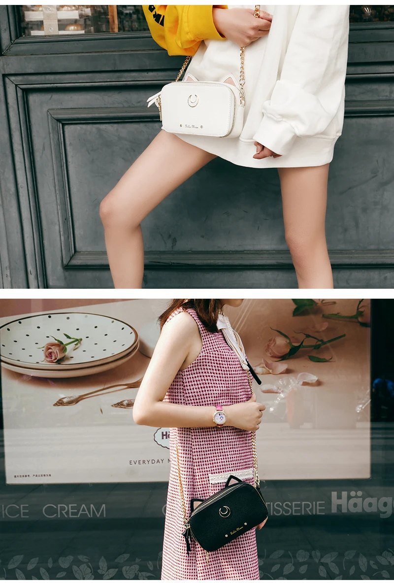 

Anime Cartoon Sailor Moon Luna Cat Print Chain Shoulder Bag Fashion Women Shopping Phone Pouch Cosplay PU Leather Messenger Bags