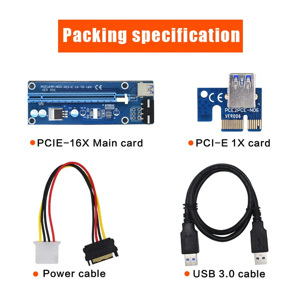 

Ver006 pcie Pci-e Pci Express Riser Card 1x To 16x Usb3.0 Cable Sata To 4pin Molex Power Extender Bitcoin Mining Miner