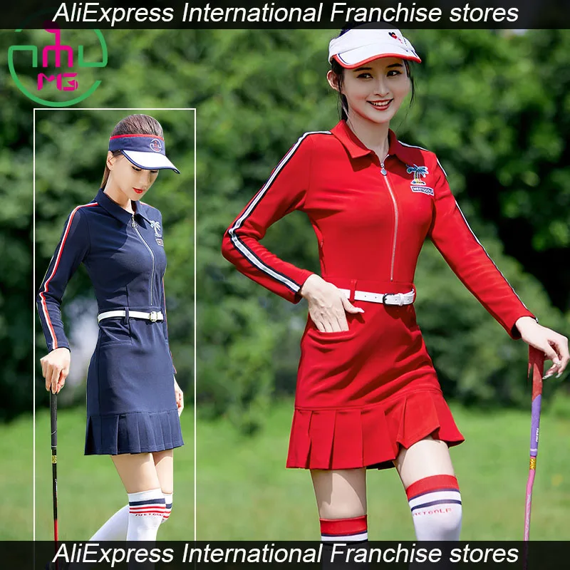 Tennis Clothing Dress Women's Long Sleeves Slimming Red Medium Thickness High Play Dress Lady Sportstops  Wear