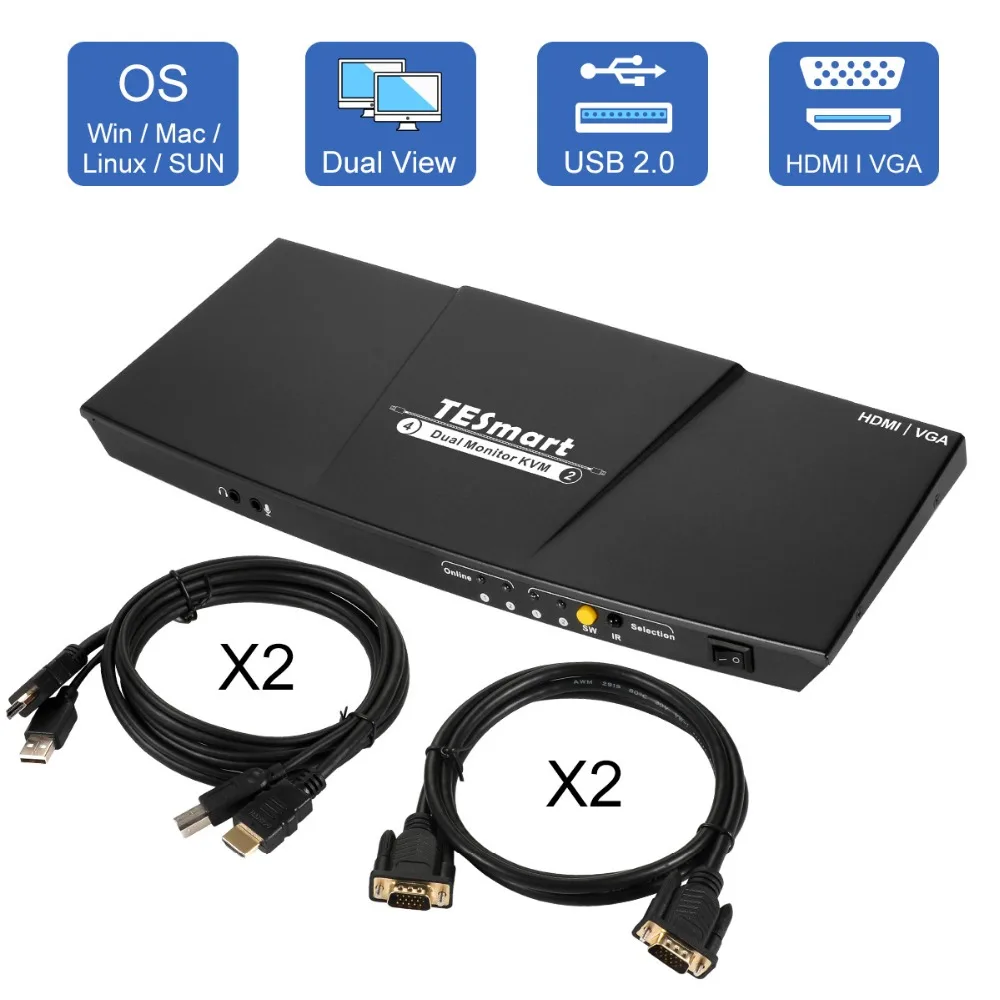 4K HDMI двойной монитор KVM переключатель 4 порта вход(2 HDMI+ 2VGA) 2 выхода порта(HDMI) KVM переключатель HDMI Поддержка USB 2,0 4K@ 30 Гц 4 кабеля