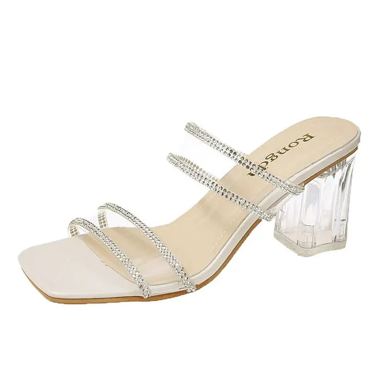 

Square heel Shoes Woman 2021 Slippers Heels Pantofle Med Glitter Slides Beige Heeled Sandals Block High New Jelly Transparent
