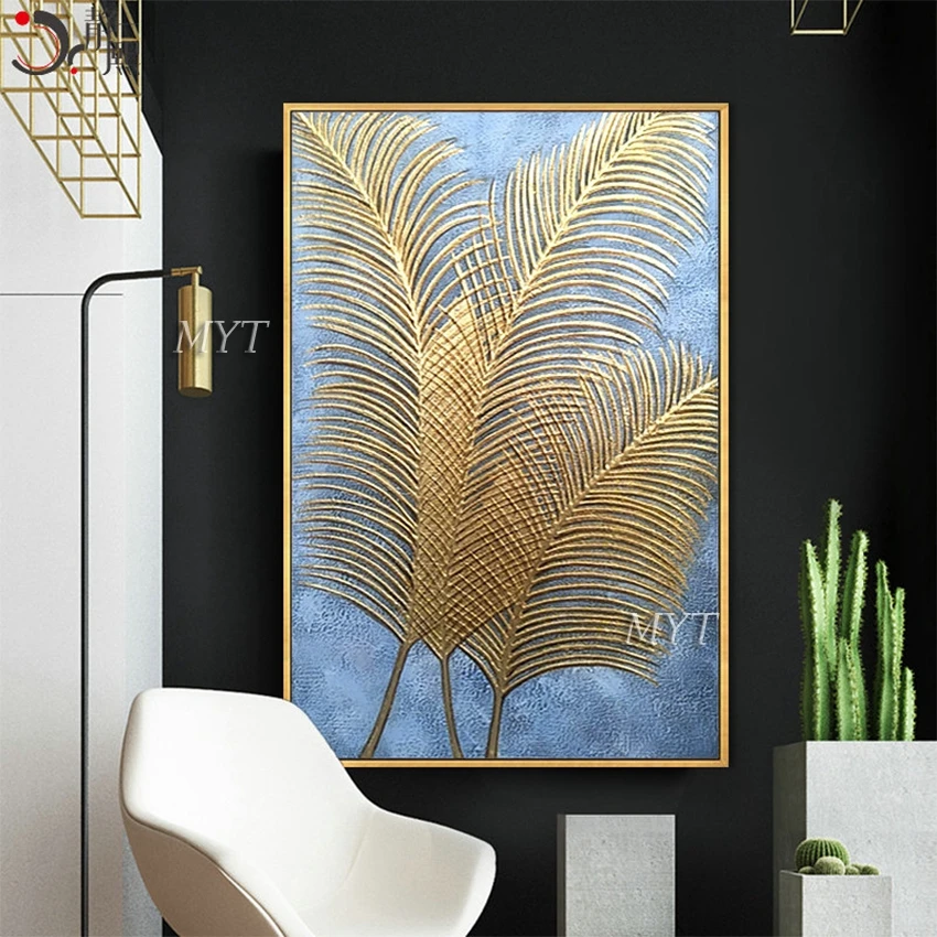 

Newest Hand-painted Gold Feather Picture Art Large Size Oil Painting Art Canvas Home Decor Paintings For Living Room Decoration