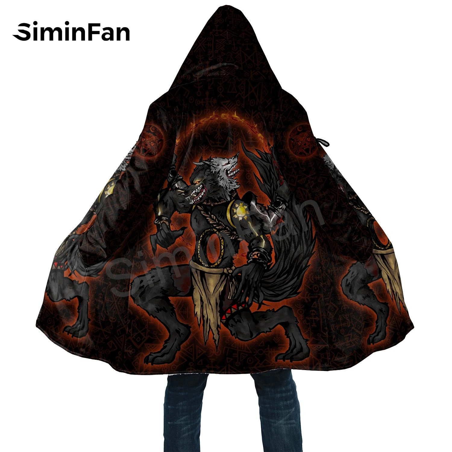 Мужская зимняя теплая фланелевая куртка с капюшоном и 3D-принтом викингов Fenrir Wolf