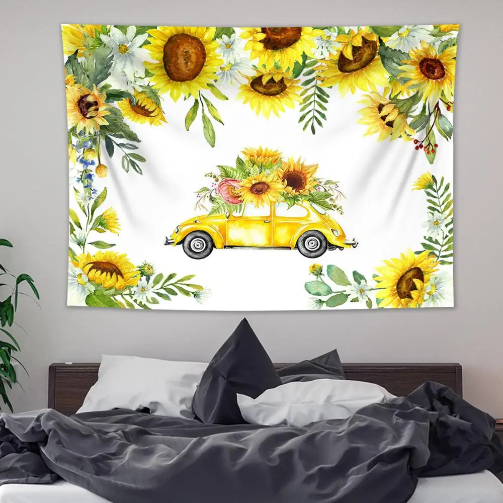 

Yellow Retro Car Sunflower Tapestry Wall Vintage Decorative Spring Flower Pattern Wall Rug Home Decorative Tapestries Crafts