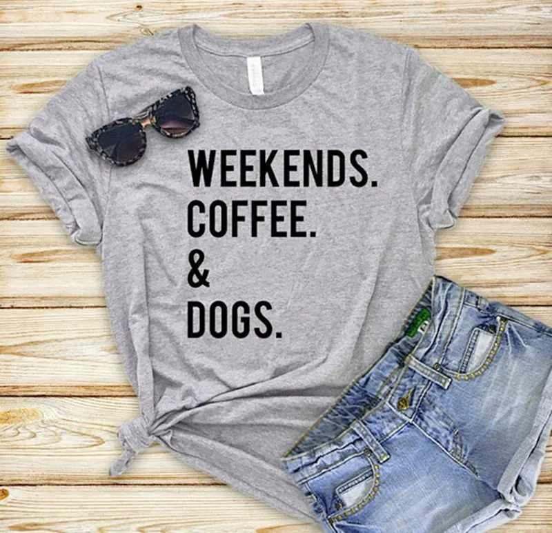 

Women WEEKENDS COFFEE DOGS Slogan Tee Letter Funny Cotton Top Casual Aesthetic Graphics Summer Short Sleeve Gray T-Shirt