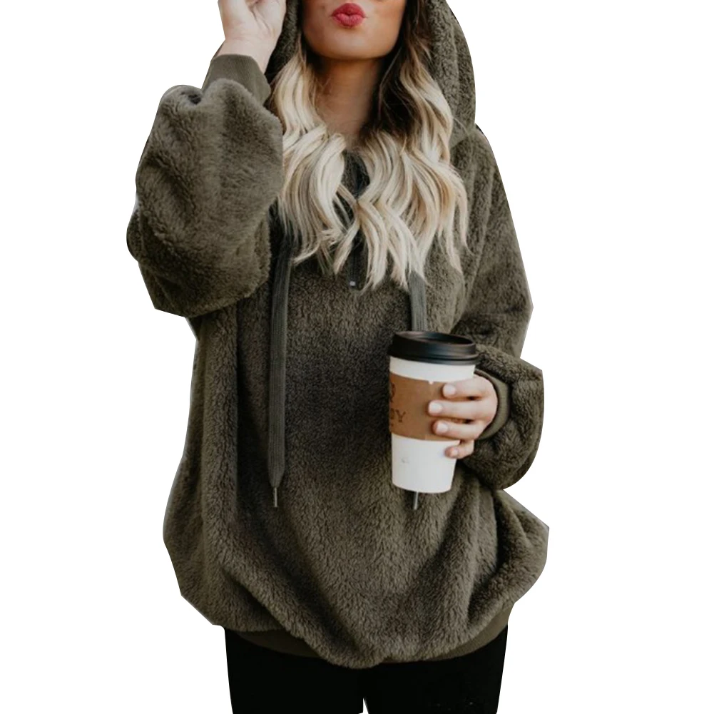 Plus Size Winter Solid Color 1/4 Zip Up Fluffy Hoodies Women Hooded Sweatshirt Women's autumn and winter casual warm jacket