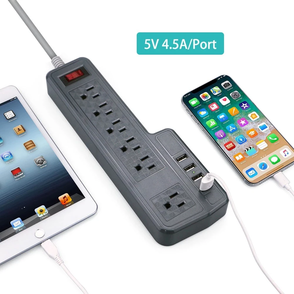 Сетевой фильтр с 6 розетками защита от перегрузки американской вилкой 4 USB разъема