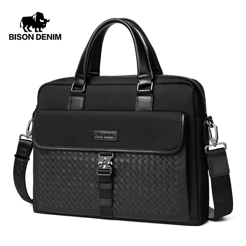 BISON DENIM Fashion Designer Men's Briefcase Black Waterproof  Business Shoulder Bags For 13.3 Inch Laptop Briefcase Bag N20141
