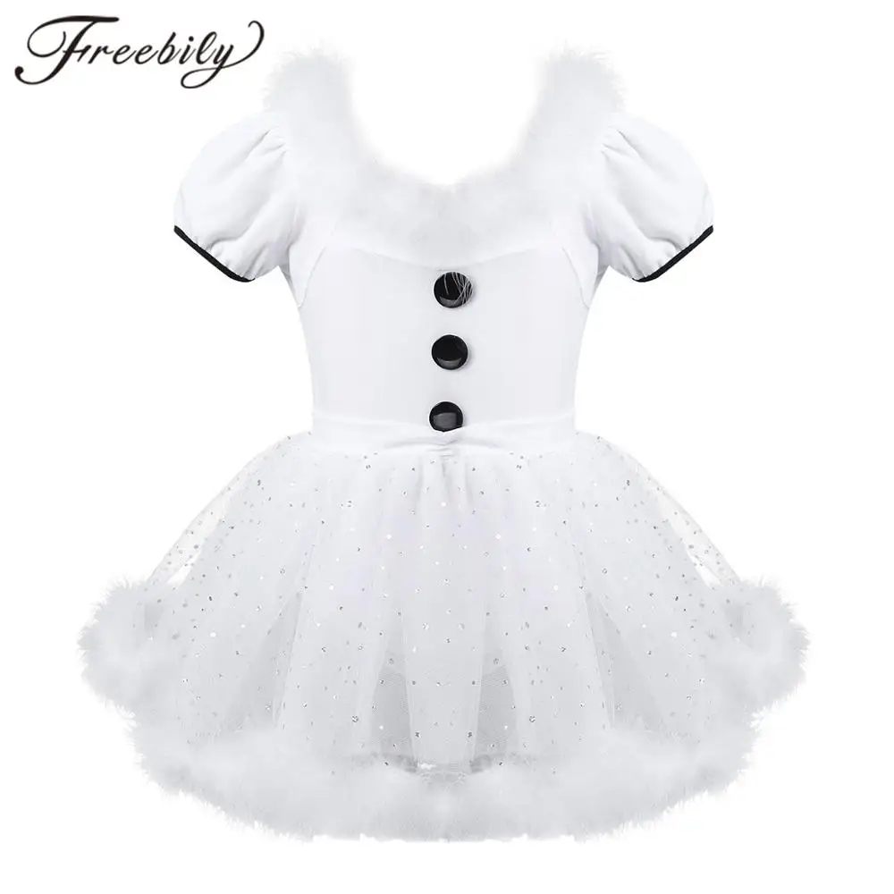 

Kids Girls Gymastics Leotard Mesh Tutu Ballet Dress Dancewear Christmas Dance Costume Feather Trim Figure Ice Skating Dress