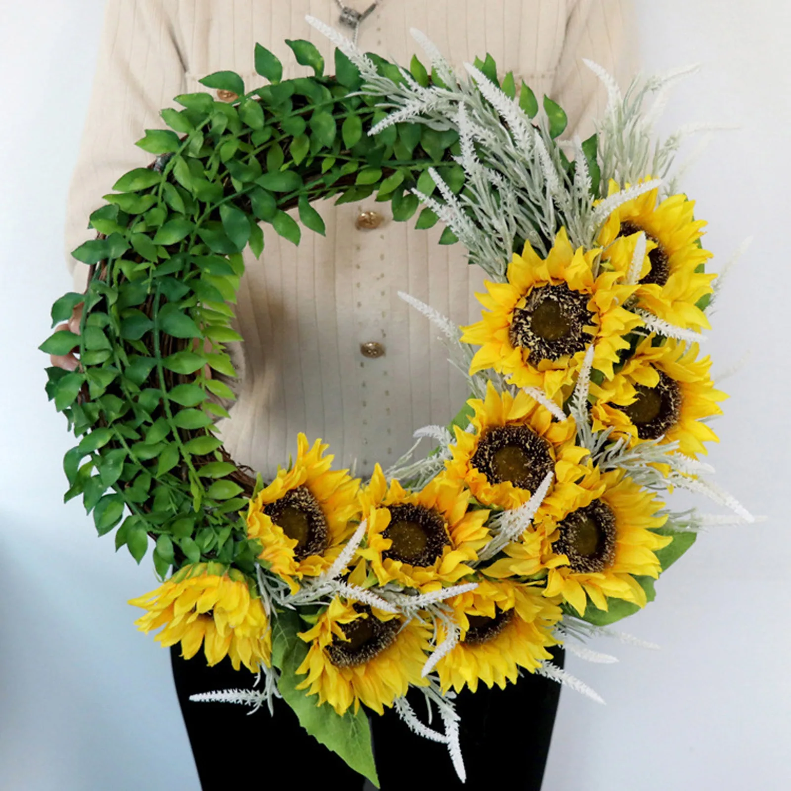 

Artificial Sunflowers Yellow 16 Inch Green Leaves For Front Door Indoor Wall Dcor Summer 40x40cm Decorative Fake Flower Wreath