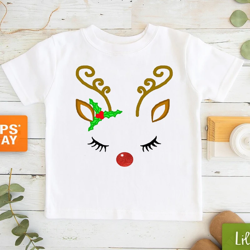 Camiseta de Feliz Navidad para ni&ntilde;os y ni&ntilde;as, camisa Kawaii con cara de unicornio, astas, ropa para ni&ntilde;os, camisetas de manga corta de los a&ntilde;os 90, 2022-0
