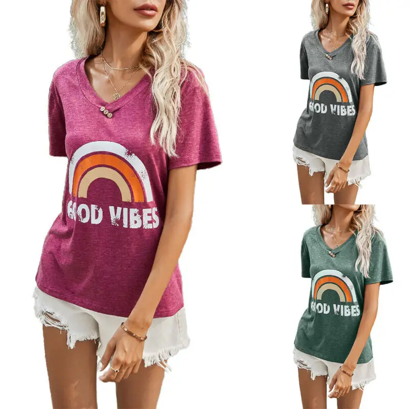 

Rainbow Printed tShirt Women Summer Short Sleeve Casual Pullover V-Neck Button Loose Tops Tee Women's t Shirt Girls Shirts