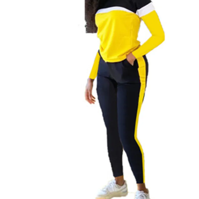 

2021 Spring Women Two Piece Set Outfit Women Long Sleeve Colorblock Top & Pant Comfort Lounge Wear Plus Size