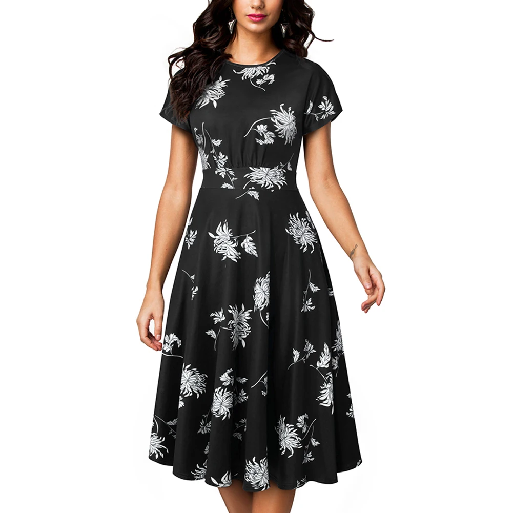 

Женское платье-миди с коротким рукавом, облегающее ТРАПЕЦИЕВИДНОЕ ПЛАТЬЕ с круглым вырезом и принтом, платье с высокой талией и широкой юбк...