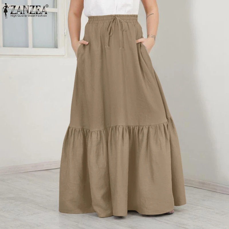 

2021 ZANZEA Summer Elastic Waist Solid Ruffles Long Skirts Women Vintage Casual Holiday Party Faldas Saia Maxi Beach Skirts Jupe