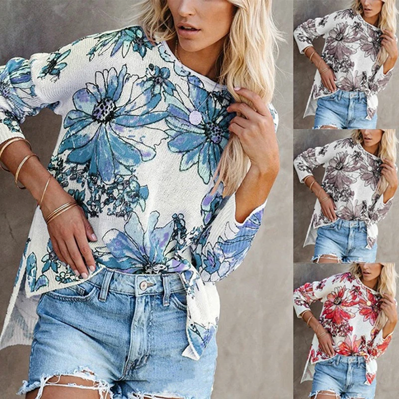 

Plus Size 2XL Long Sleeve Women's Sweaters O Neck Flower Print Split Edge Sweater 2021 Casual Tops Autumn New knitting Pullovers