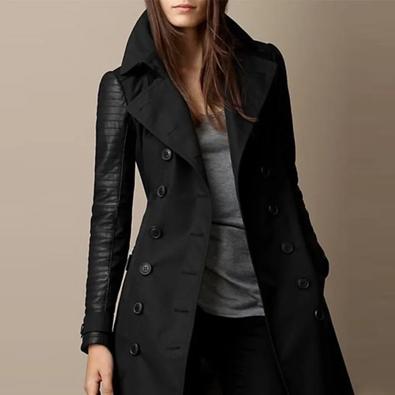 

Trench Coat Women Black Autumn Patchwork Western Double-Breasted Mid-Length Fashion Long Slim Woolen Outerwear Overcoats Tops