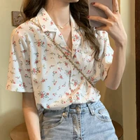 korean style temperament suit collar floral short sleeved chiffon shirt