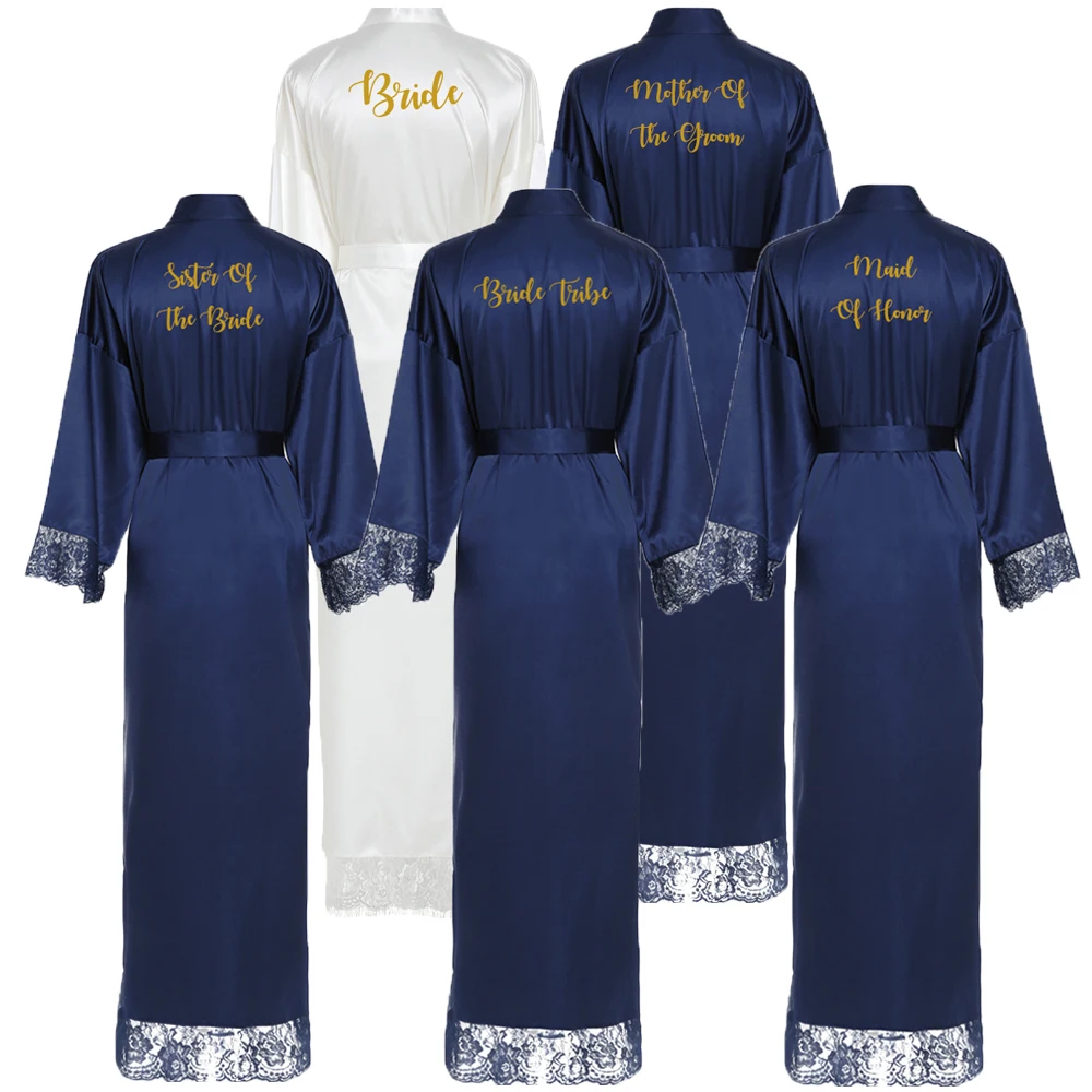 Long Silk Satin Robe Bridesmaid Robes Lace Robe Bridal Wedding Robe Bathrobe Long Robe Silk Robes for Women Navy Blue