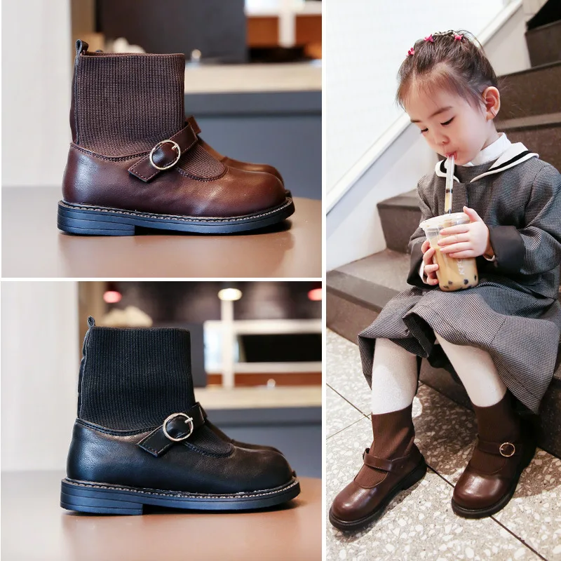 

2021 Girls Boots Autumn Single Boots New Winter Children Martin Boots Socks Boots Kids Shoes for Party Princess Bow-knot Sweet