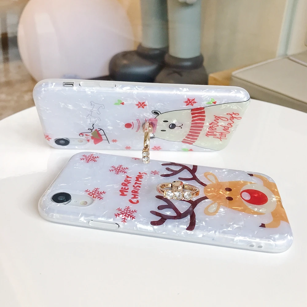 Marble Christmas Phone Case For iPhone 11 Pro X XR XS Bear Elk Cover With Finger Ring 7 8 Plus Stand |