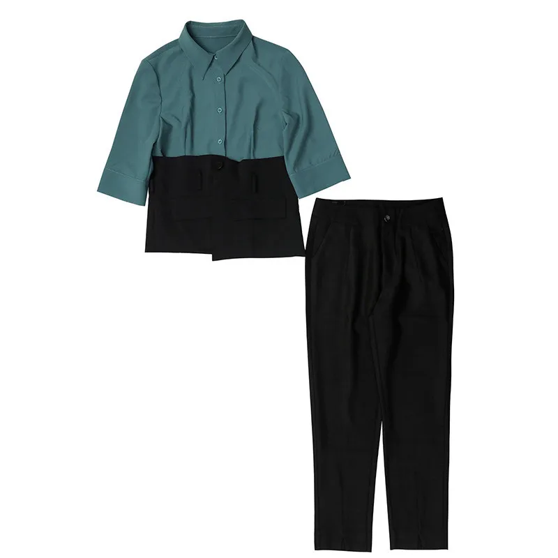 

Tracksuit Woman Two Piece Set Colorblock Patchwork Shirt+Split Pencil Pants Suit Spring Autumn Elegant Fashion OL Female Outfits