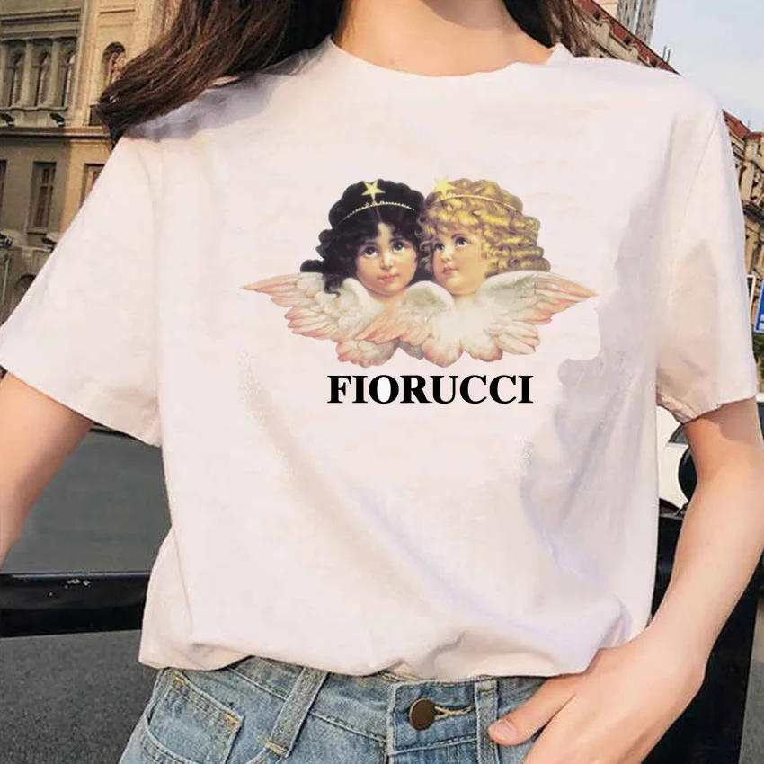 

Lovely Cartoon Two Angels with Wings Graphic Printed Women T-shirt Female Summer New Fashion Short Sleeve Tshirts Girls Tops Tee
