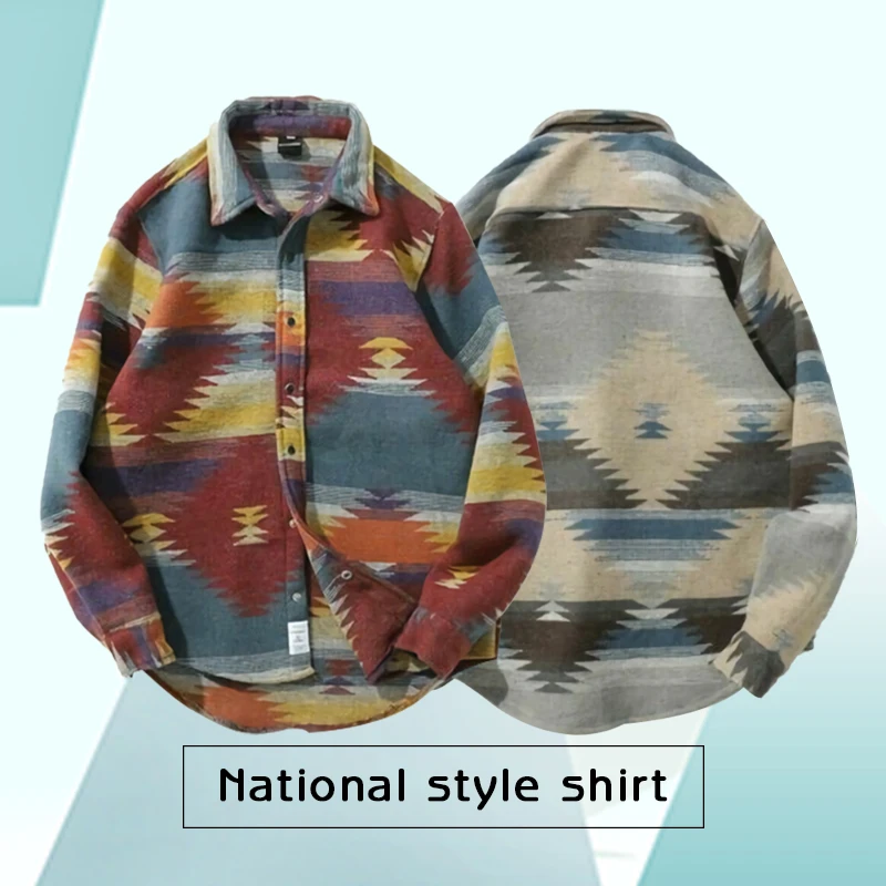 Harajuku Hip Hop Shirts Geometric Graphic Long Sleeve Shirts Men National Style Shirt Autumn Streetwear Cotton Tops Tees