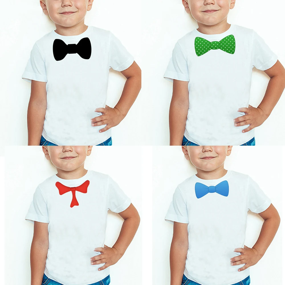 

New Boys Summer Short-sleeved T-shirt Black Bow Tie T-shirt Fashion Children's Wear Casual Round Neck Quality Shirt Tops