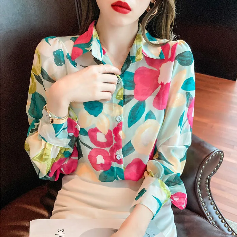 

Винтажная шифоновая блузка, рубашка, женская одежда, элегантные модные женские топы с длинным рукавом, блузки, женские свободные блузки с пр...