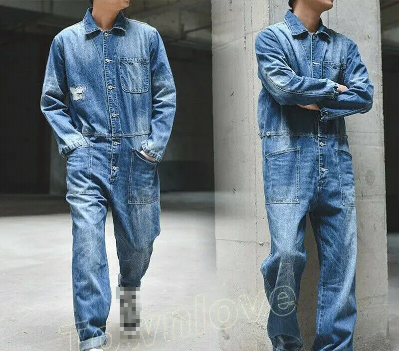 

Men Denim Overall Jumpsuit Jeans Suspender Romper Cowboy Loose Casual Pants New