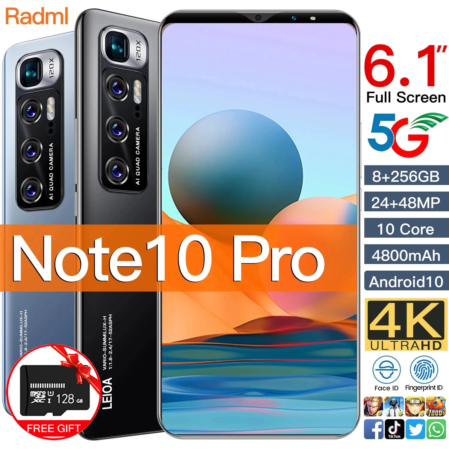 

Global Version Note10 Pro Smartphone 6.1 Inch 8GB+256GB 4800mAh Unlocked Mobile Phones Android Telefones Celulares 5G Cell Phone